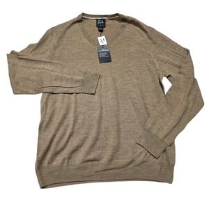 Jos A Bank Traveler Sweater Mens XL Tan Merino Wool V-Neck NWT Machine Washable